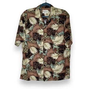 Royal Hawaiian Creations Turtle Palm Leaves Short Sleeve Button Front Men Medium